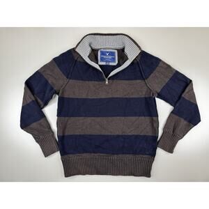 VTG American Eagle Rugby Stripe 1/4 Zip Sweater Mens L Blue Brwn Cotton Pullover